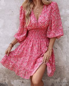 Lasaky - Blush Floral Lantern Sleeve Dress with Ruffled Details and Shirred Waist Floral Lantern, Sleeve Ruffles, Dress Name, Dress Night Out, Shirred Dress, Lantern Sleeve Dress, Sweater Trends, Ditsy Floral Print, Fashion Catalogue