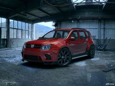 a red car is parked in an empty garage