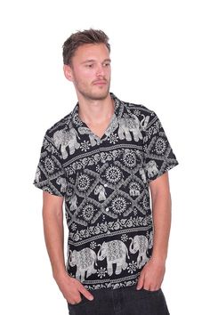 ☛ BLACK BUTTON UP Shirt - Elephant Print Aloha Short Sleeve Casual Beach Shirt - Comfy Clothing MenMens Hawaiian short sleeve shirt is create choice for hot summer day at chilling and relaxation. Comfy and light weight rayon fabric feels so light to hold on. Button up style closure and matching front pocket. Recommended for beach wear, traveling, party and any hot climate comfy clothing.☛Product Name: BLACK ELEPHANT HAWAIIAN SHIRT MEN☛ Product Type: Handmade☛ Material: Rayon☛ Stuff: Soft Fabric☛ Long Black Maxi Skirt, High Waisted Circle Skirt, Thai Pants, Black Elephant, Mens Black Shirt, Wide Leg Yoga Pants, Black Button Up Shirt, Comfy Clothing, Hippie Style Clothing