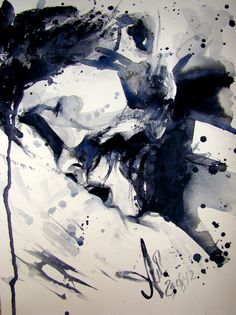 black and white abstract painting with ink splatters