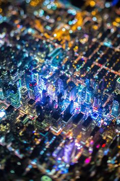 an aerial view of the city at night