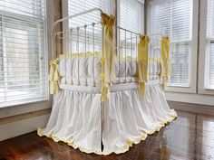 California Dreaming Baby Bedding Set in White and Baby Yellow Luxurious Nursery, Crib Bows, White Crib Skirt, Luxury Crib Bedding, Linen Crib Bedding, White Crib Bedding, Ruffle Crib Skirt, Crib Liners, Bumper Pads For Cribs