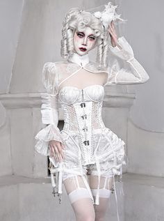 Palace Style White Slim Fit Lace Fishbone Corset Perspective Stitching Design Gothic Sleeveless Corset Set White Gothic, White Goth, Boned Corsets, Corset Bustier, White Corset, White Chiffon, Lace Hem, Floral Chiffon, Bird Cage