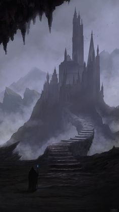 a castle in the sky with stairs leading up to it