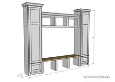 the plans for a built - in bookcase and bench are shown with measurements to make it