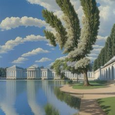 a painting of trees in front of a lake and building with columns on the sides