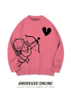 ANDREILEE Men's Cute Simple Fashion Angel Shooting Heart Jacquard Pattern Black Long Sleeve Sweater, Loose Fit Casual Street Style Knit Pullover Hot Pink Casual  Long Sleeve Knitwear Animal,Cartoon,Colorblock,Geometric,Halloween Pullovers Medium Stretch  Men Clothing, size features are:Bust: ,Length: ,Sleeve Length: Fashion Angels, Black Long Sleeve Sweater, Heart Sweater, Animal Cartoon, Jacquard Pattern, Knitwear Men, Inspiration Mode, Casual Street Style, Men Clothing