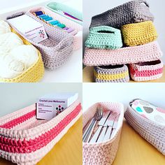 crocheted baskets with knitting supplies in them