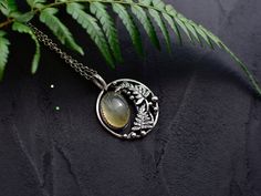 Fern necklace Botanical moon with fern leaf pendant Forest witch Plant jewelry with prehnite Sterling silver OOAK jewelry Fern Necklace, Forest Witch, Plant Jewelry, Fern Leaf, Metal Clay Jewelry, Botanical Jewelry, Metal Clay, Leaf Pendant, Crafted Jewelry