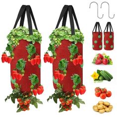 two shopping bags with vegetables and fruits on them