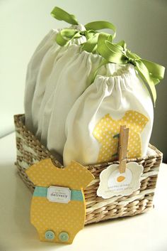 a basket filled with baby items on top of a table