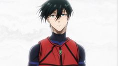 an anime character with black hair and blue eyes wearing a red vest in the snow