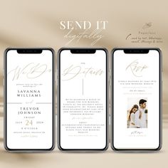 three iphones with wedding cards on them