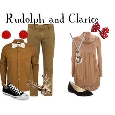 a couple of outfits that are on top of a white boarder with the words rudolph and clarice