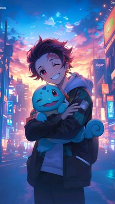 an anime character holding a baby in his arms