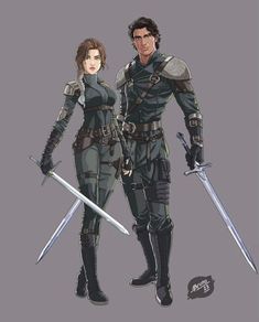 a man and woman standing next to each other with swords in front of their backs