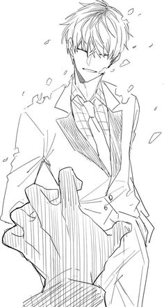 a drawing of a man in a suit with his hand on his hip, looking at the