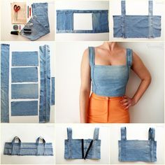 there are many different pictures of the same woman's jean overalls, and how to sew them