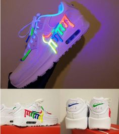 😍Wow They Literally Glow Customized  airmax 90 3d colourful glow in the dark shoes with luminous neon ticks. ❤️Best gift for your loved ones. ❤Each pair is uniquely painted and one of a kind. ❤Painted waterproof and scratchproof. ❤We add a free blacklight torch for you to charge your shoes. ❤The custom design is luminous can absorb light and glow in the dark.  ❤️They can be charged by sun during the day or you can use black light torch. Each pair are made to order and will take around 5-8 days Glow In The Dark Shoes, Custom Jordan Shoes, Dark Shoes, Custom Jordan, Stomach Tattoos Women, Brick Art, Tie Sneakers, Stomach Tattoos, Cute Nike Shoes