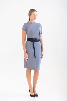 "A beautiful gray dress is featuring an asymmetrical design, pencil silhouette, and a midi length. - fitted pencil silhouette - asymmetrical blouson bodice - short cap sleeves - midi (knee length) skirt - concealed side seam closure - velvet belt included (you may choose red or black) Fiber: 55% viscose, 40% polyester, 5% elastane Color: gray For size S: length- 40,5\" (101 cm) Our model wears size S (US 8) and is 171cm/5'6\" tall. You may feel free choosing the size. Just send us your measureme Asymmetric Dresses, Skater Dresses Casual, Mandarin Dress, Pencil Midi Dress, Summer Cocktail Dress, Velvet Belt, Pencil Silhouette, Red Or Black, Midi Pencil Dress