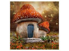 an image of a mushroom house in the middle of a field with flowers around it