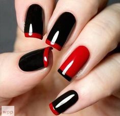 red and black nails i don't know why but i really really like these i guess I'm… Red Black Nails, Best Nail Polish, Nail Polish Designs, Fabulous Nails, Unique Nails, Nail Arts, Creative Nails