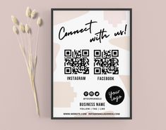 a poster with the text connect with us on it next to some dried flowers and a pink background