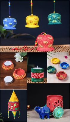 several different pictures of colorful objects and decorations