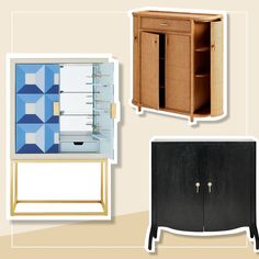 an assortment of furniture including a cabinet, sideboard and mirror