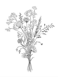 a black and white drawing of flowers on a white background