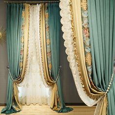 an elaborately decorated room with green curtains and gold trimmings