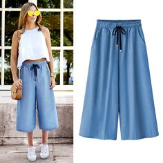 Be the charm of every function and the talk of the town! Get these Slim Nine Quarter Jeans Casual Culottes, that are wide-legged and super comfortable for you, and fit in every body size. The Culottes can be paired with solid or printed crop tops and you are good to go! Don't miss out on great styling and clothing trends and shop for these pants before they run out of stock! Highlights: Material: 95% Polyester, 5% Spandex Closure Type: Elastic Waist Length: Below Knee Size: M to 5XL Suitable Seasons: All Wear them at: Home, Beach, Office, Casual outing, Vacation, etc. Size Chart: Size Waist Length S 29.13" 37.40'' M 30.70" 37.79'' L 32.28" 38.18'' XL 33.85" 38.58'' 2L 35.43" 38.97'' 3XL 37.00" 39.37'' 4XL 38.58" 39.76'' 5XL 40.15" 40.55'' Cowboy Pants, Denim Culottes, Clothing Factory, Square Pants, Luxury Wear, Streetwear Summer, Summer Pants, Loose Pants, Ankle Length Pants