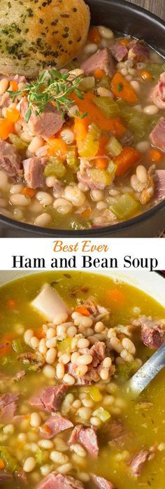 ham and bean soup in a bowl with bread on the side, before and after it has been cooked