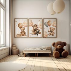 a teddy bear sitting on a bench in front of two pictures hanging on the wall