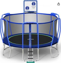 a blue and green trampoline sitting on top of a metal stand with ladders