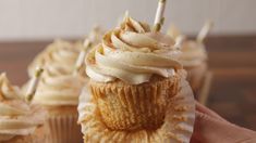 a hand holding a cupcake with white frosting