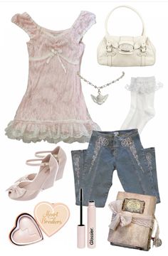 Cute spring outfit with low rise jeans, pink lacey top, angel necklace sharm, pink bow heels, tiny purse, glossier mascara Cute Outfits Soft Aesthetic, New Jeans Aesthetic Outfit, Style Inspiration Pink, Angel Style Outfit, Jeans Coquette Outfit, Coquette Jeans Outfit, Pink Goth Aesthetic Outfits, Girly Outfits For School, How To Style Low Rise Jeans