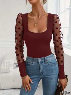 Bjux - Chic Polka Dot Mesh Stitched T-Shirt: A Versatile Long Sleeve Top for Spring & Fall in Womens Fashion Stretch Polka Dot Tops For Summer, Stretch Polka Dot Summer Tops, Summer Stretch Polka Dot Tops, Spring And Fall, Square Neck, Long Sleeve Top, Types Of Printing, Collar Styles, Polka Dot