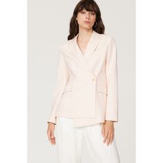 Pink linen (87% Polyester, 9% Linen, 4%Elastane). Blazer. Long sleeves. Collar. Front button closure. 29" from shoulder to hemline. Imported. Feminine Semi-formal Spring Blazer, Feminine Summer Office Blazer, Spring Linen Blazer With Double Button Closure, Elegant Linen Blazer For Day Out, Spring Linen Blazer For Daywear, Feminine Spring Blazer For Workwear, Chic Linen Spring Blazer, Chic Linen Blazer For Spring, Feminine Spring Office Blazer