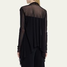 Fuzzi tulle cardigan Open front Long sleeves High-low handkerchief hem Relaxed fit Nylon/polyamide Hand wash or dry clean Made in Italy Chic Sheer Long Sleeve Cardigan, Sheer Fitted Outerwear For Fall, Elegant Stretch Cardigan For Layering, Elegant Long Sleeve Tops With Overlay, Handkerchief Hem, Front Open, High Low, Tops Designs, In Italy