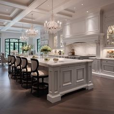 a large kitchen with an island and chandelier