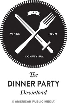 the dinner party logo with two forks and knifes on it, in black and white