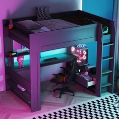 a child's loft bed with desk underneath it