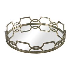 a round metal tray with geometric designs on the bottom and sides, set against a white background