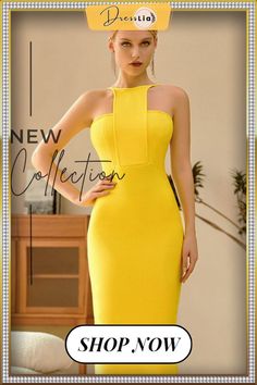 Knee Length Yellow Cocktail Bandage Dress Yellow Bodycon Sheath Dress, Fitted Yellow Bodycon Dress For Evening, Yellow Fitted Bodycon Dress For Evening, Yellow Fitted Halter Neck Dress, Yellow Sleeveless Fitted Bodycon Dress, Fitted Knee-length Bandage Midi Dress, Fitted Bandage Midi Dress Knee-length, Yellow Fitted Knee-length Bodycon Dress, Knee-length Bodycon Bandage Dress