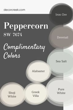 The image highlights complementary colors for Peppercorn SW 7674 by Sherwin-Williams, a bold and dramatic charcoal gray that adds depth and sophistication. Crisp whites like Pure White SW 7005, Simply White OC-117, and Extra White SW 7006 create a clean, striking contrast. Neutrals such as Repose Gray SW 7015, Classic Gray OC-23, and Alabaster SW 7008 offer balance and warmth, while Dovetail SW 7018 adds complementary depth for a cohesive palette. Sherwin Williams Peppercorn Complimentary Colors, Sherwin Williams Peppercorn Bedroom, Peppercorn Palette, Sw Dovetail, Sw Peppercorn, Peppercorn Sherwin Williams, Charcoal Color Palette, Sherman Williams, Worldly Gray