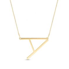 Show off your letter with this smart personalized initial necklace. Crafted in 10K gold over sterling silver, this design features the letter of your choice set sideways in an uppercase block font. Polished to a bright shine, this look suspends centered along an 18.0-inch box chain that secures with a spring-ring clasp. Modern Tan Necklace With Initial Pendant, Modern Tan Initial Pendant Necklace, Minimalist Monogram Letter Necklace, Minimalist Monogram Necklace, Minimalist Tan Jewelry With Initials, Modern Personalized Yellow Gold Name Necklace, Modern Yellow Gold Name Necklace For Everyday, Modern Yellow Gold Initial Necklace For Everyday, Modern Gold Monogram Initial Necklace