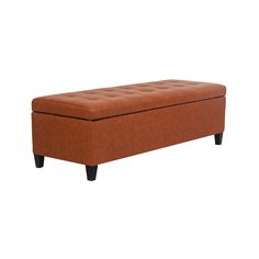 a brown leather bench with black legs