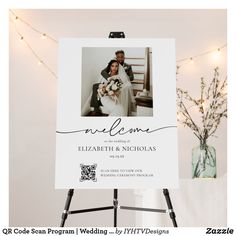 a wedding photo is displayed on an easel