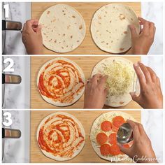 the process to make homemade pizzas is shown in four different stages, including toppings and